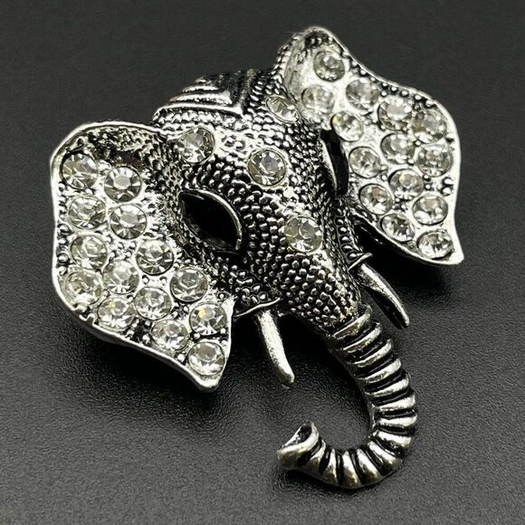 Silver with White Diamond and Black Onyx Crystal Elephant Pin Back Brooch - Picture 2 of 9